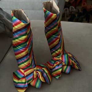 PINK Elephant Iconic Bow boots in a rainbow satin finish colorful stripes